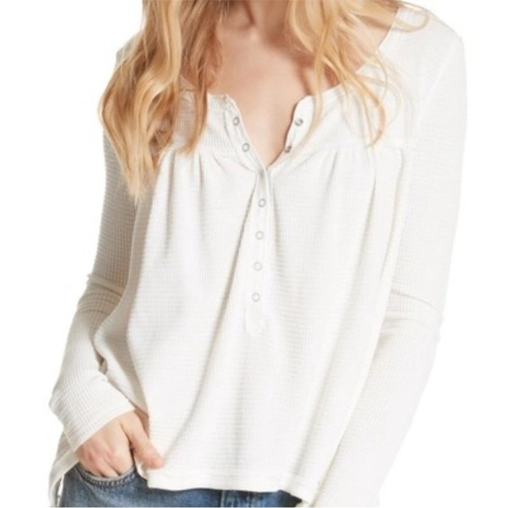 Free People White Waffle Knit Henley Tunic Top